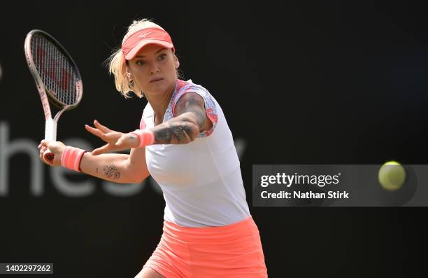 Tereza Martincova of Czech Republic in action during day eight of the Rothesay Open at Nottingham Tennis Centre on June 11, 2022 in Nottingham,...