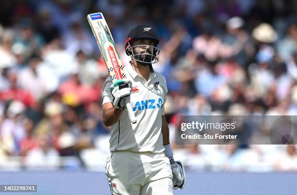 New Zealand batsman Daryl Mitchell celebrates reaching his 150 during day two of the Second Test Match between England and New Zealand at Trent...