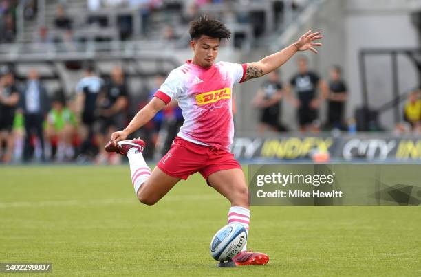 Marcus Smith of Harlequins converts a try during the Gallagher Premiership Rugby Semi-Final match between Saracens and Harlequins at StoneX Stadium...