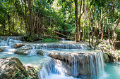 Erawan National Park in Thailand with  emerald blue water in deep forest
