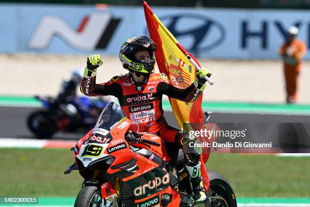 Alvaro Bautista of Spain and Aruba.it Racing - Ducati celebrates the victory of Race 1 of FIM Superbike World Championship Pirelli Emilia-Romagna...