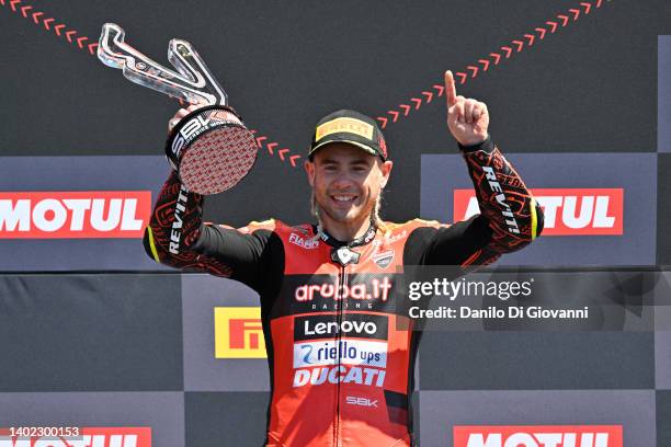 Alvaro Bautista of Spain and Aruba.it Racing - Ducati celebrates the victory of Race 1 of FIM Superbike World Championship Pirelli Emilia-Romagna...