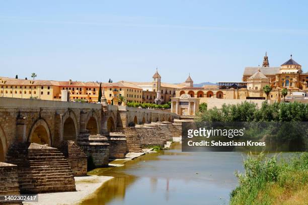 mezquita cathedral and roman bridge, skyline, córdoba, spain - cordoba spanien stock-fotos und bilder