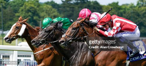 Harry Davies riding Via Serendipity win The Coral Play 'Racing-Super-Series' For Free Handicap at Sandown Park on June 11, 2022 in Esher, England.