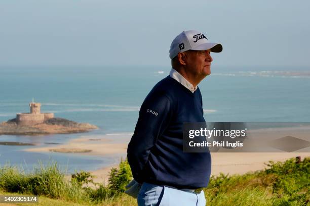 Roger Chapman of England waits to play from the 5th tee during Day Two of the Jersey Legends at La Moye Golf Club on June 11, 2022 in St Helier,...