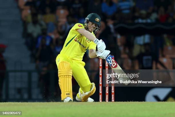 David Warner of Australia bats during the 3rd match in the T20 International series between Sri Lanka and Australia at Pallekele Cricket Stadium on...