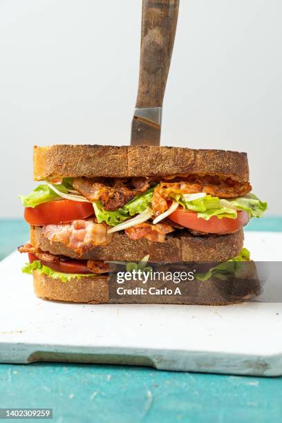 blt bacon lettuce tomato sandwich stack - blt sandwich stock-fotos und bilder