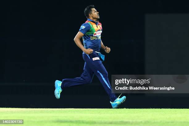 Maheesh Theekshana of Sri Lanka celebrates after taking the wicket Aaron Finch of Australia during the 3rd match in the T20 International series...