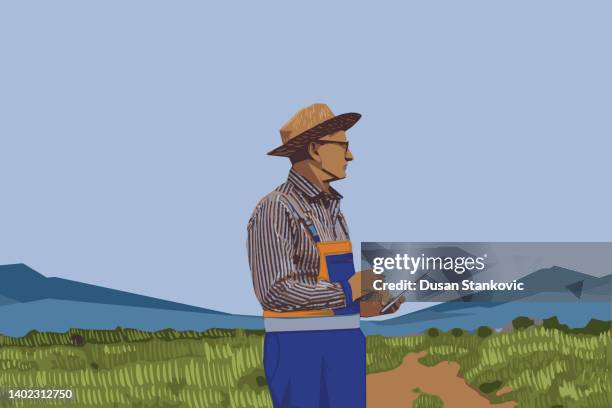landwirt mit technologie - erdbeerfeld stock-grafiken, -clipart, -cartoons und -symbole