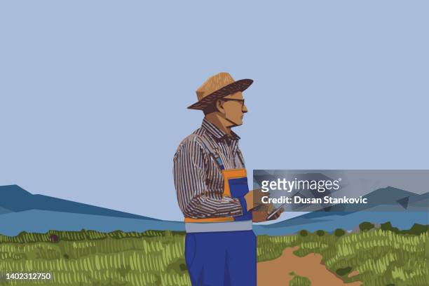 farmer using technology - healthy working stock illustrations