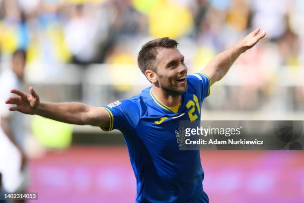 Oleksandr Karavayev of Ukraine celebrates after scoring their team's second goal during the UEFA Nations League League B Group 1 match between...