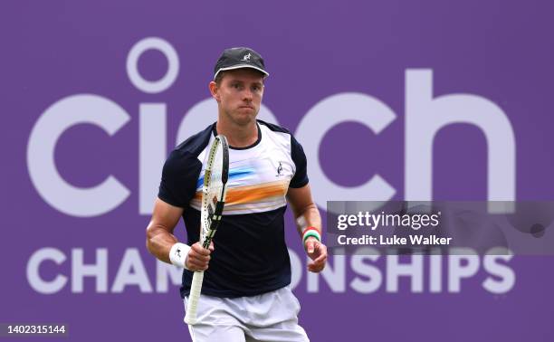 James Duckworth of Australia reacts during his qualifying match against Paul Jubb of Great Britain prior to the cinch Championships at The Queen's...