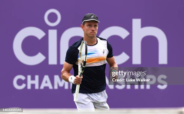 James Duckworth of Australia reacts during his qualifying match against Paul Jubb of Great Britain prior to the cinch Championships at The Queen's...