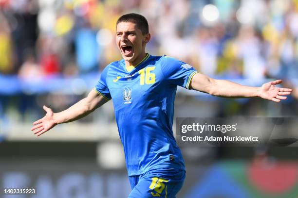 Vitaliy Mykolenko of Ukraine celebrates after scoring their team's third goal during the UEFA Nations League League B Group 1 match between Ukraine...