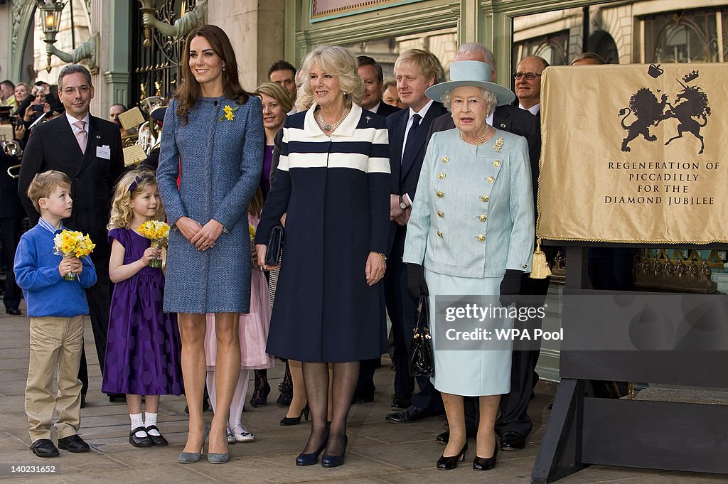 Queen Elizabeth II, Camilla, Duchess Of Cornwall And Catherine, Duchess Of Cambridge Visit Fortnum & Mason Store