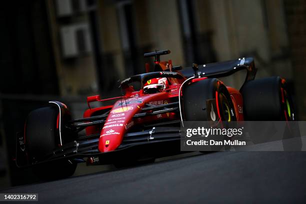 Charles Leclerc of Monaco driving the Ferrari F1-75 on track during qualifying ahead of the F1 Grand Prix of Azerbaijan at Baku City Circuit on June...