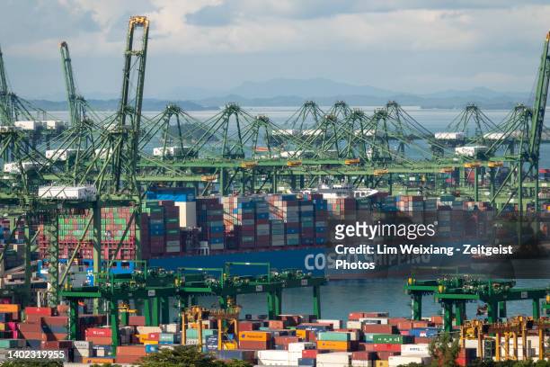 container ship unloading in singapore's pasir panjang port - singapore port stock pictures, royalty-free photos & images