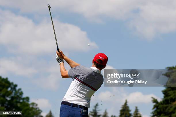 Mackenzie Hughes of Canada plays his shot from the 16th tee during the third round of the RBC Canadian Open at St. George's Golf and Country Club on...