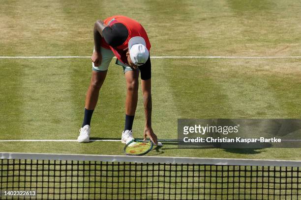 Nick Kyrgios of Australia brokes a racket during the Men`s Singles Semi-final match between Andy Murray of Great Britain and Nick Kyrgios of...