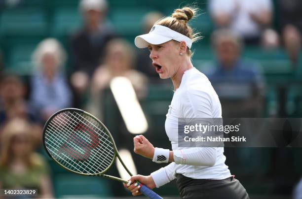 Alison Riske of United States reacts as she plays against Viktorija Golubic of Switzerland during day eight of the Rothesay Open at Nottingham Tennis...