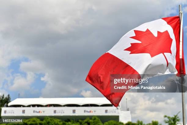 General view of a Canadian flag during the third round of the RBC Canadian Open at St. George's Golf and Country Club on June 11, 2022 in Etobicoke,...