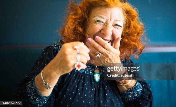 the hearty laugh of the elegant old lady. - laugh bildbanksfoton och bilder