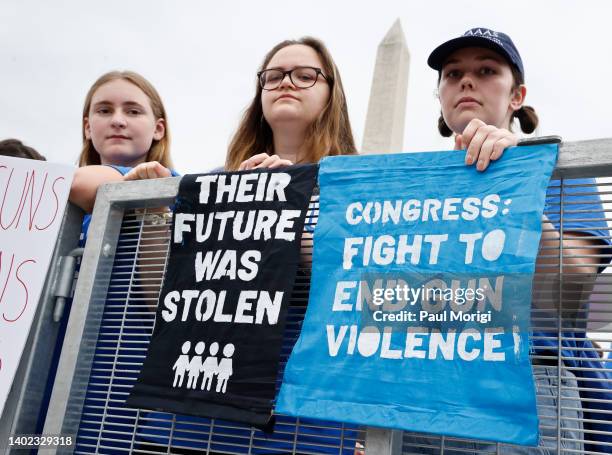 Participants hold signs during March for Our Lives 2022 on June 11, 2022 in Washington, DC.