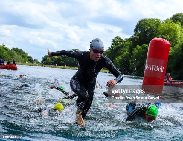 Britain's Sian Rainsley exiting the water in the women's race at the AJ Bell Leeds World Triathlon Championship Series race on June 11, 2022 in...