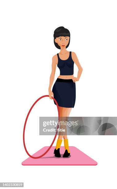 ilustraciones, imágenes clip art, dibujos animados e iconos de stock de chica mezquina en un traje de gimnasio sosteniendo un hula hoop, ilustraciones temáticas de fitness vectorial. ejercicio para perder peso - danza del aro