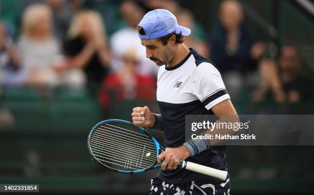 Jordan Thompson of Australia reacts after he beats Alexei Popyrin during day eight of the Rothesay Open at Nottingham Tennis Centre on June 11, 2022...