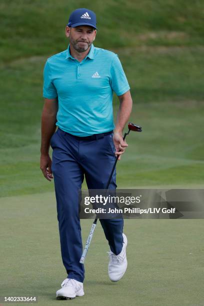 Sergio Garcia of Fireballs GC looks dejected during day three of LIV Golf Invitational - London at The Centurion Club on June 11, 2022 in St Albans,...