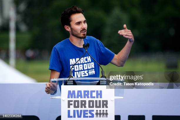 Gun control activist David Hogg speaks during a March for Our Lives rally against gun violence on the National Mall June 11, 2022 in Washington, DC....