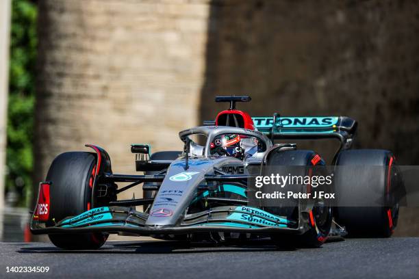 George Russell of Mercedes and Great Britain during qualifying ahead of the F1 Grand Prix of Azerbaijan at Baku City Circuit on June 11, 2022 in...