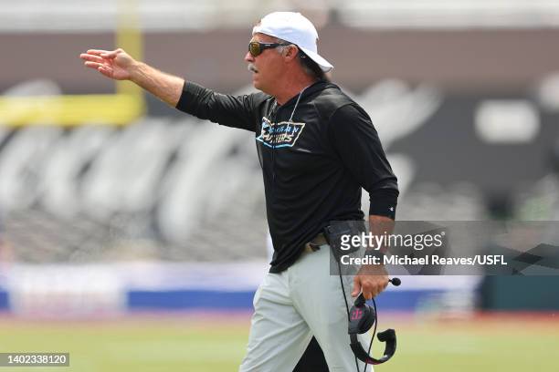 Head coach Jeff Fisher of the Michigan Panthers reacts on the sideline in the first quarter of the game against the New Jersey Generals at Protective...