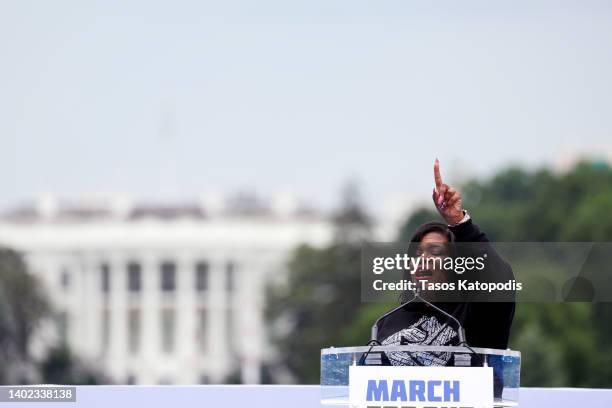 Rep. Cori Bush speaks during a March for Our Lives rally against gun violence on the National Mall June 11, 2022 in Washington, DC. The March For Our...