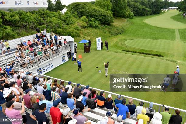 Wyndham Clark of the United States plays his shot from the first tee during the third round of the RBC Canadian Open at St. George's Golf and Country...