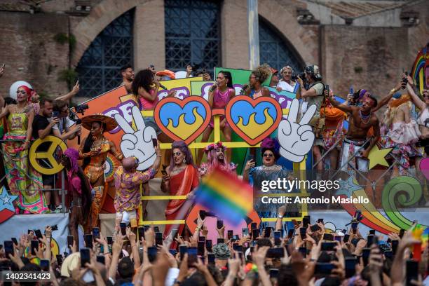 Italian singer Elodie performs during the Rome Pride Parade for LGBTQ rights, on June 11, 2022 in Rome, Italy.