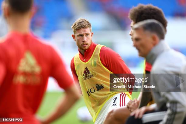 Kevin De Bruyne of Belgium warms up prior to the UEFA Nations League League A Group 4 match between Wales and Belgium at Cardiff City Stadium on June...