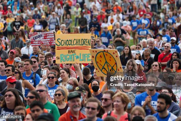 Demonstrators attend a March for Our Lives rally against gun violence on the National Mall June 11, 2022 in Washington, DC. The March For Our Lives...