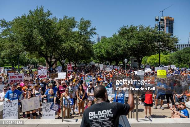 Austin Justice Coalition Executive Director Chas Moore speaks during the March for Our Lives rally at the Texas state Capitol on June 11, 2022 in...