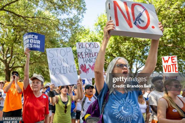 People participate in a March for Our Lives rally at the Texas state Capitol on June 11, 2022 in Austin, Texas. Eighteen-year-old Salvador Ramos on...