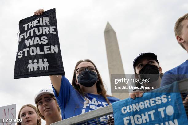 Demonstrators attend a March for Our Lives rally against gun violence on the National Mall June 11, 2022 in Washington, DC. The March For Our Lives...