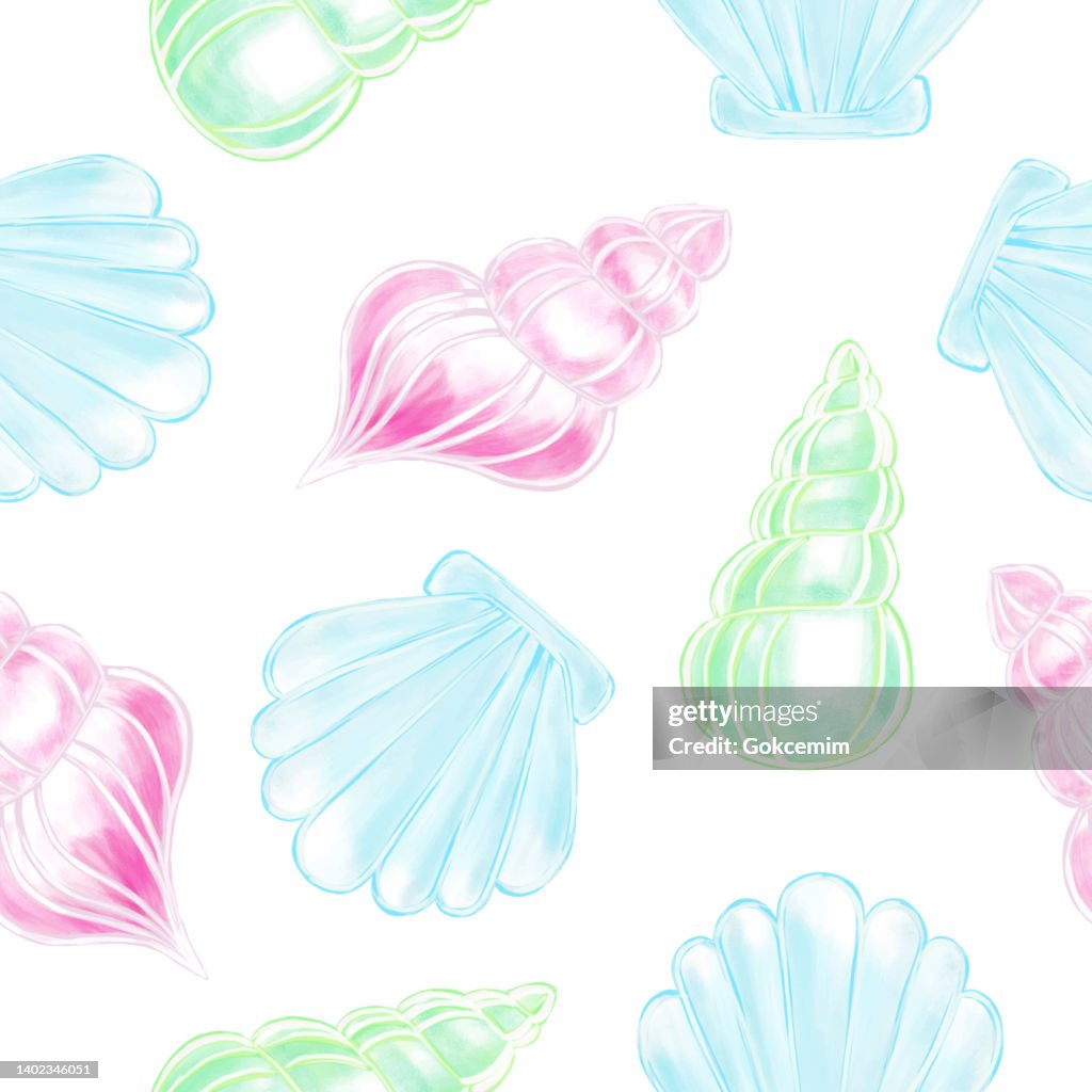 Hand Drawn Multi-Colored Sea Shells Seamless Pattern. Shells Vector Background.