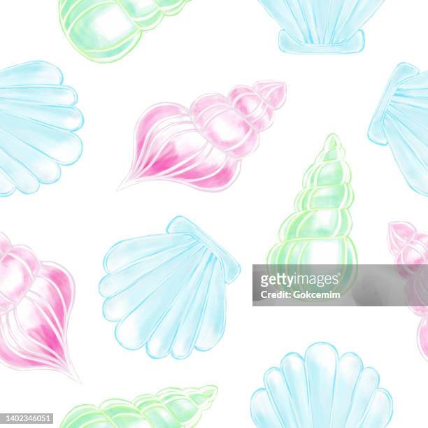 hand drawn multi-colored sea shells seamless pattern. shells vector background. - oyster pearl stock illustrations
