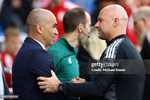 Roberto Martinez, Head Coach of Belgium embraces Rob Page, Head Coach of Wales prior to the UEFA Nations League League A Group 4 match between Wales...