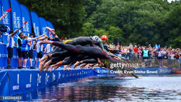 Men’s swim start at the AJ Bell Leeds World Triathlon Championship Series race on June 11, 2022 in Leeds, England.