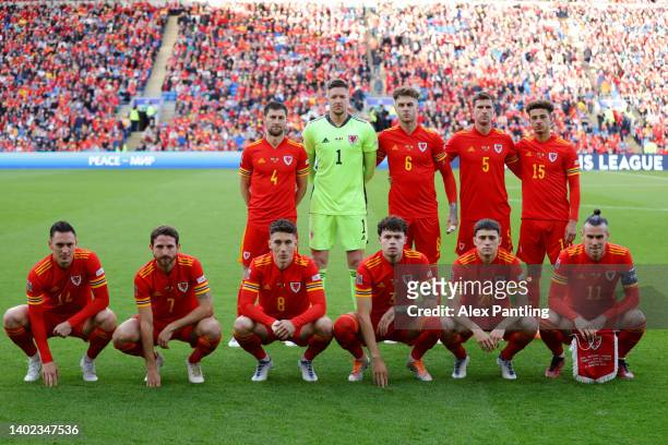 Wales players pose for a team photo prior to the UEFA Nations League League A Group 4 match between Wales and Belgium at Cardiff City Stadium on June...