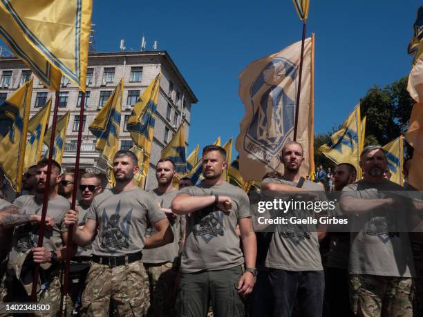 The Azov battalion came on parade led by Andriy Yevhenovych Biletsky, the first commander of the volunteer-based Azov Regiment and a Ukrainian Member...