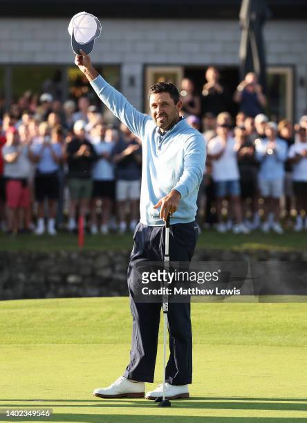 Charl Schwartzel of South Africa celebrates winning the LIV Golf Invitational at The Centurion Club on June 11, 2022 in St Albans, England.