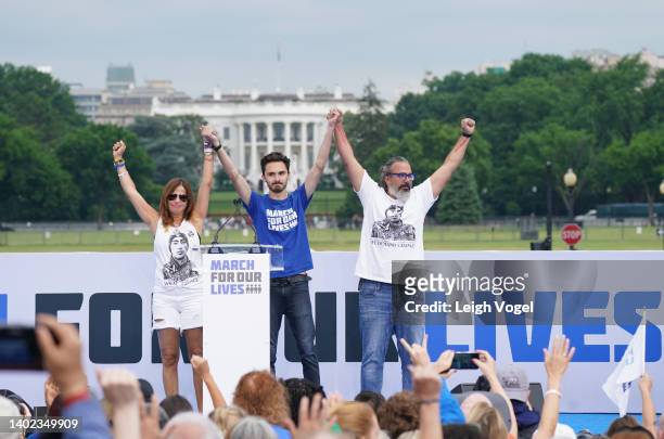 Manny Oliver, Patricia Oliver and David Hogg speak during March for Our Lives 2022 on June 11, 2022 in Washington, DC. Manny Oliver and Patricia...